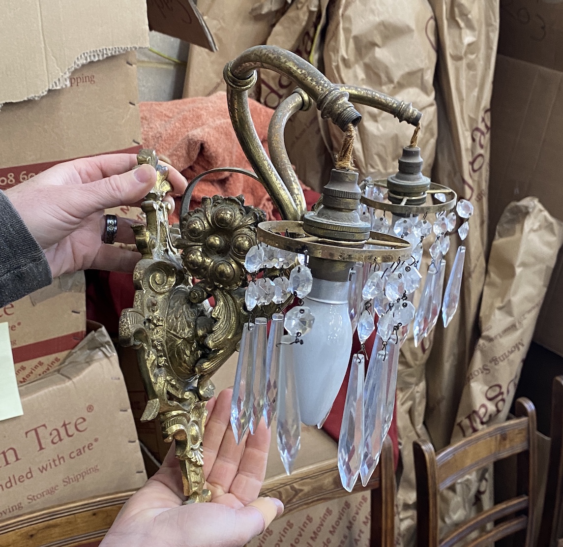 A pair of gilt metal twin branch lustre wall lights and a set of four gilt metal twin branch wall lights, larger height 40cm